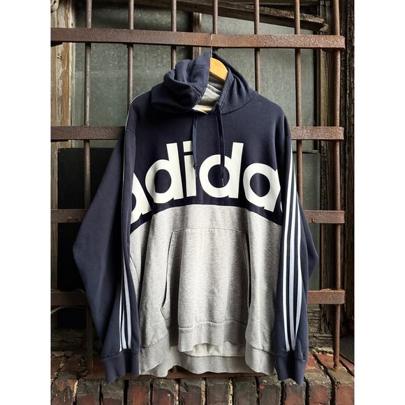Adidas Navy Gray Colorblock Pullover Hoodie Size 2XL - Picture 1 of 4